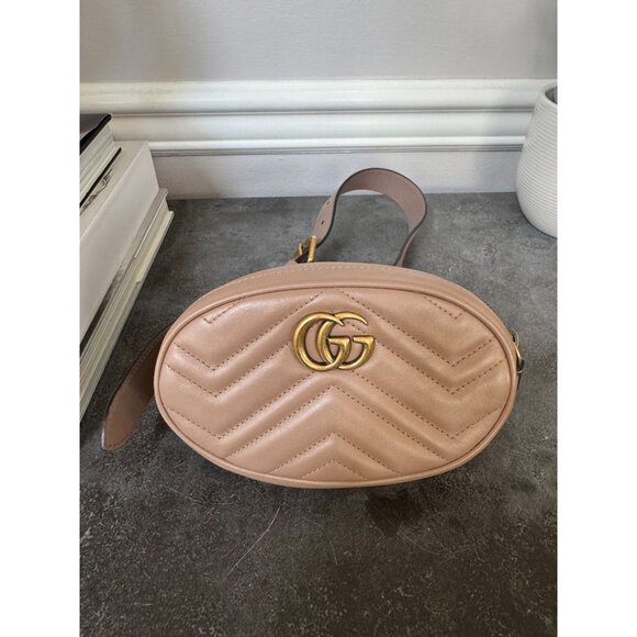 Gucci Beige Matelasse Leather GG Marmont Belt Bag Size 85 - Picture 1 of 12
